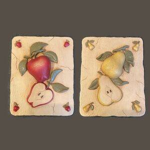 2 Vintage Wall Art 3D Plaque Apple & Pear Country Farmhouse Kitchen Decor
